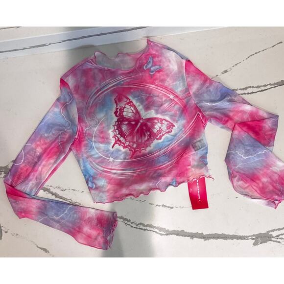 Shein NWT Mesh Long Sleeve Butterfly Print Top Pink Blue Y2K Aesthetic Medium - Picture 2 of 8